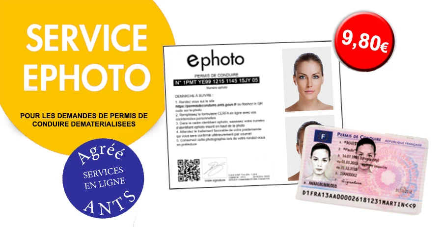 Planche ePhoto avec photo, signature et code, à côté d'un permis de conduire, 9,80 euros