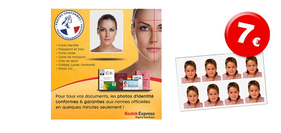 Planche de huit photos d'identité conformes pour documents officiels, 7 euros