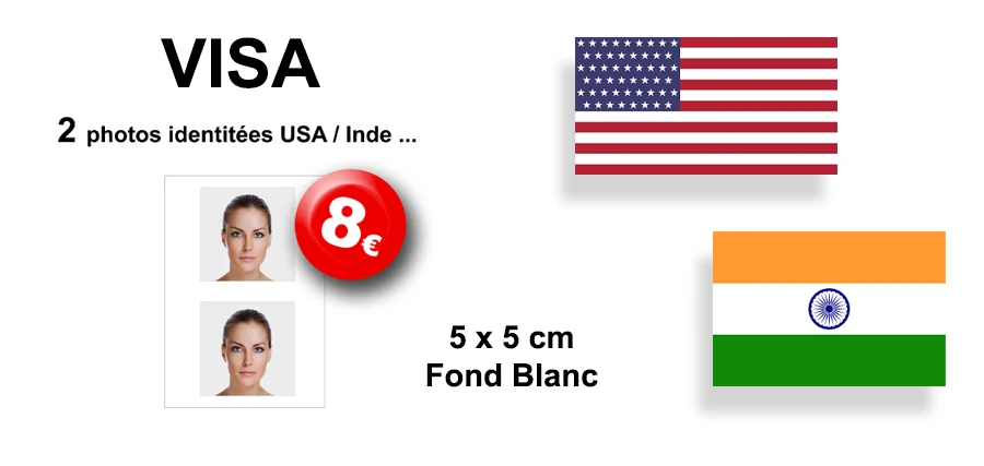 Photos d'identité pour visa, format 5 par 5 centimètres sur fond blanc, 8 euros